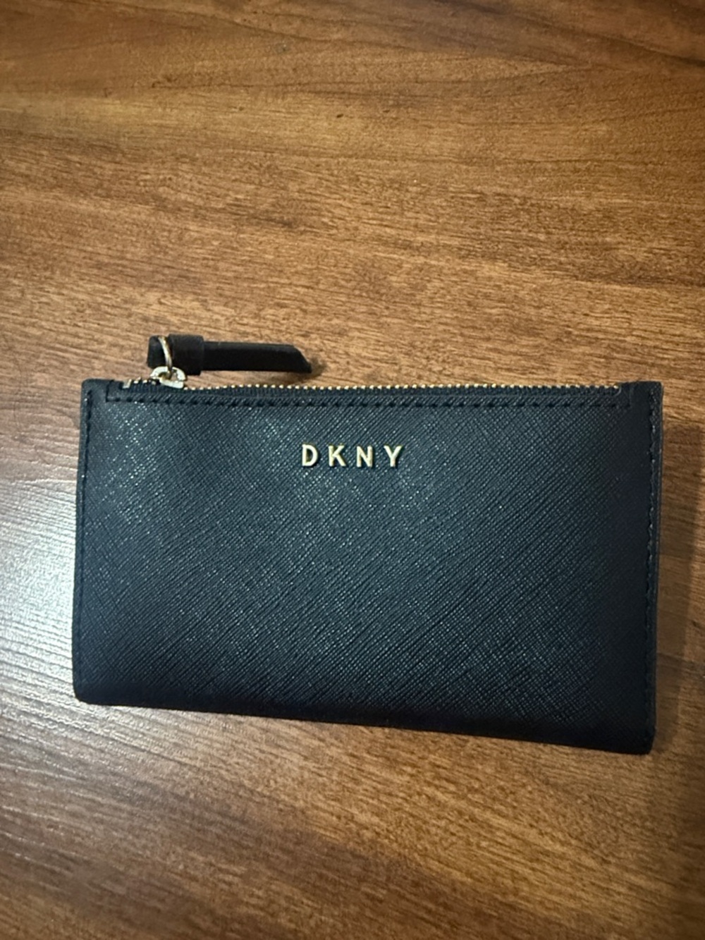 DKNY Black Saffiano Leather Zip Card Wallet with Gold Logo